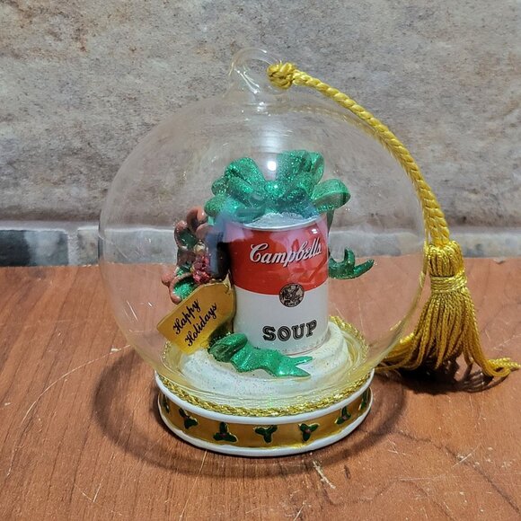 Campbells Soup Can Green Bow Clear Glass Ball Ornament Happy Holidays - Picture 4 of 11